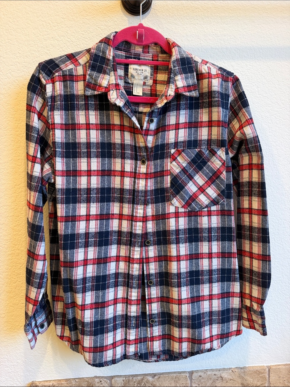Forever 21 Navy, Red & White Plaid Button-Down Shirt